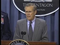 US Defence Secretary, Donald Rumsfeld briefing News Clip