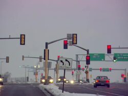 MS View of traffic light with airplane taking off  / Minneapolis, Minnesota, United States Stock Footage
