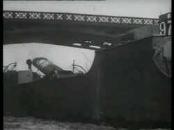 Boat passes under bridge; funnel is bent over, London, England, UK 1937 Stock Footage