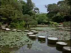 Circular stepping stones, Shin-En garden of the Heian jingu Shrine, Kyoto, Japan Stock Footage