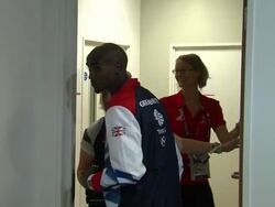 Mohamed Farah at Team GB Medal Winners Press Conference: Mo Farah, Olympic Gold Medalist 5000M and 10,000M at Olympic Park on August 12, 2012 in London, England (Footage by Getty Images) Stock Footage