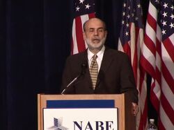 October 7, 2008 MS Federal Reserve chief Ben Bernanke speaking about the importance of attempting to stabilize the economy to the National Association of Business Economists/ Washington DC/ AUDIO Stock Footage