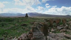 Wide shot of old Armenian church ruin in Eastern Anatolian landscape. Stock Footage