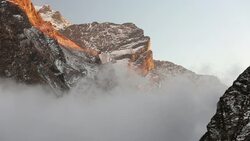 Mist moving up the Modi Khola valley in the Annapurna Sanctuary, in the Nepal Himalayas Stock Footage