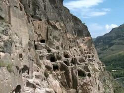 MS ZO View of vardzia cave town complex / Vardzia, Georgia Stock Footage