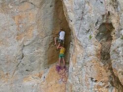 MS ZI ZO AERIAL Shot of climbers climbing on cliff / Kalymnos, Cyclades, Greece Stock Footage