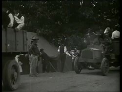 B/W military trucks full of elderly men passing camera / Civil War Veterans Reunion / NO SOUND Stock Footage