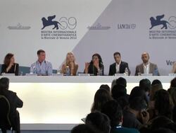 Lydia Dean Pilcher, Liev Schreiber, Mira Nair, Riz Ahmed at Press Conference Arrivals: The Reluctant Fundamentalist: 69th Venice Film Festival on August 29, 2012 in Venice, Italy (Footage by WireImage Video/Getty Images) Stock Footage