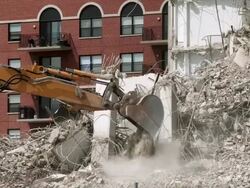 MS View of hydraulic shear building demolition / Chicago, Illinois, USA Stock Footage