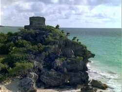WA Mayan temple on cliff top, sea in background, tide coming in, Panama. Stock Footage