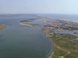 WS AERIAL View of Holiday complex behind Port Barcares (for red roofs) / Languedoc Roussillon, France Stock Footage
