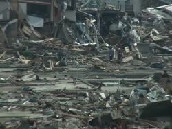 Destruction in Kesennuma City, Japan filmed on 1 April 2011, 3 weeks after a tsunami which was caused by magnitude 9 Tohoku earthquake off north east Japan / AUDIO Stock Footage