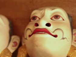 CU PAN Shot of handmade masks / Mas, Bali/Gianyar/Ubud, Indonesia Stock Footage