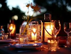 Table with luxury place settings in backyard at night Stock Footage