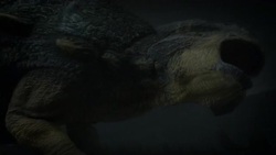 A triceratops roars at another dinosaur  as a Tyrannosaurus Rex roars at both of them in a computer generated animation. Stock Footage