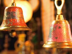 CU R/F Bells in store at dilli haat market / Delhi, India   Stock Footage