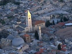 Aerial the church of the Holy Sepulchre in the old city of Jerusalem, Israel Stock Footage