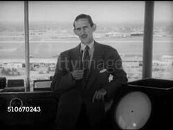 1953: OPENING: Westbrook Van Voorhis ('The Voice of Time', 1903-1968) standing in air traffic control tower at Idlewild Airport (now JFK), SOT talking about 50th anniversary of flight, will be going back to the birth of aviation. Instructional Video
