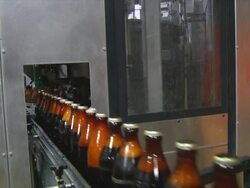 MS Sealed brown glass beer bottles moving along conveyor / Wau, Western Bahr el Ghazal, Sudan  Stock Footage