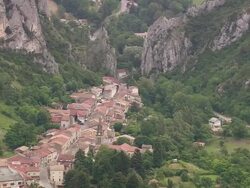WS AERIAL Shot over roof tops in Barbieres village / Rhone Alpes, France Stock Footage