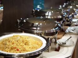 breakfast tray food bar hotel background Stock Footage