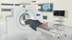 An animated human figure enters an MRI machine for a brain scan. Stock Footage