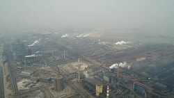 Aerial View of Coking Plant & Air Pollution In China Stock Footage