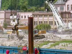 WS deconstruction of bridge over river Mosel / Wellen, Rhineland Palatinate, Germany Stock Footage