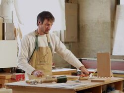  MS PAN woodworker working in shop / Lamy, New Mexico, USA Stock Footage
