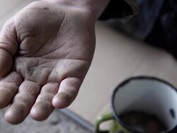 HD SLOW-MOTION: Coin On A Homeless Person's Palm Stock Footage