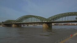 Rhine River,Hohenzollern Bridge with Cologne Cathedral, Cologne, North Rhine-Westphalia, Germany Stock Footage