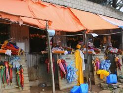 MS Religious umbrellas and items shop at Church of St Mary with crosses and religion / Addis Ababa, Ethiopia Stock Footage