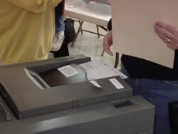 CU, Woman inserting voting ballot into ballot box, St. Marys, Ohio, USA Stock Footage