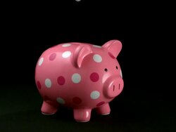 CU SLO MO Coin being dropped into slot of pink polka dot piggy bank / Studio, New Jersey, USA Stock Footage