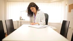 Doctor writing  on desk in office Stock Footage