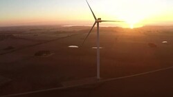Windmills in morning light Stock Footage