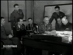 1951: RABAT, FRENCH MOROCCO: French sign: 'Commandement de l'aeronautique du Marco' INT Office w/ US Major General Pierpont M. Hamilton & French General Challes looking over paperwork, each signing accord paper 'to work together' in Morocco. Instructional Video