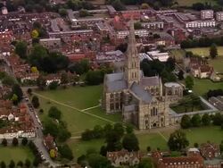 Aerial over Salisbury Cathedral/ Salisbury, England Stock Footage