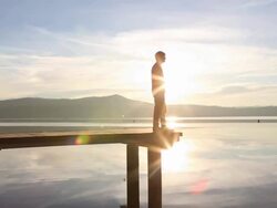 Pan as young man walks along pier texting, ducks enter Stock Footage