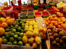 MS TU Shot of French fruit and vegetable stand in Atwater Market / Montreal, Quebec, Canada Stock Footage