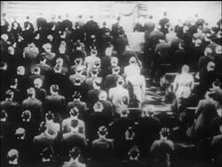B/W 1946 high angle PAN REAR VIEW groups of world delegates standing at UN charter signing / SF / newsreel Stock Footage