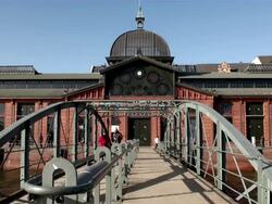 MS View of Fischauktionshalle Altona buiding / Hamburg, Hamburg, Germany Stock Footage