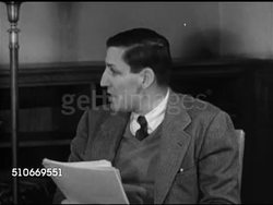 1951: HARVARD UNIVERSITY DORMS: Student (holding cigarette) meeting w/ dorm House tutor, SOT saying thinks paper is shaping up, asking if he was able to do research over break, Student saying sister helped.  College residence, housing, Ivy League Instructional Video
