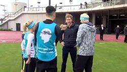 Prince Harry and the Duke and Duchess of Cambridge attend a training day for London Marathon runners News Clip