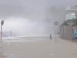 Hurricane Storm Surge Waves Crash Over Sea Wall Stock Footage