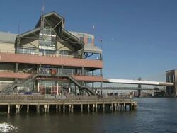 WS View of South Street Seaport in New York City with Brooklyn Bridge in Background / New York City, New York, USA Stock Footage