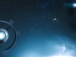 Spaceship approaching futuristic space station. Science-fiction movie style. Stock Footage
