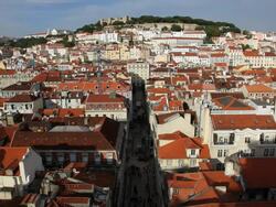 View of St Georges castle on the hill within the city of Lisbon, Portugal, Europe Stock Footage