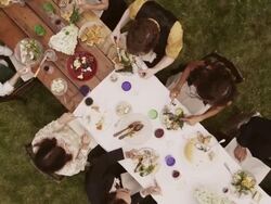Friends and family eating at an outdoor dinner party Stock Footage
