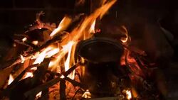 Mug of soup in the fire Stock Footage